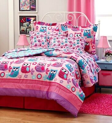 Hoot Owls Girls Pink Teal Nature Flowers Twin Full Queen Size Comforter Bed Set