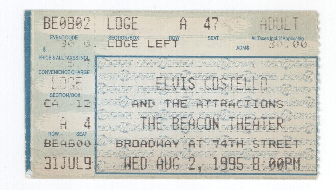 Elvis Costello 8/2/95 New York City Ny Beacon Theater Rare Ticket Stub Nyc