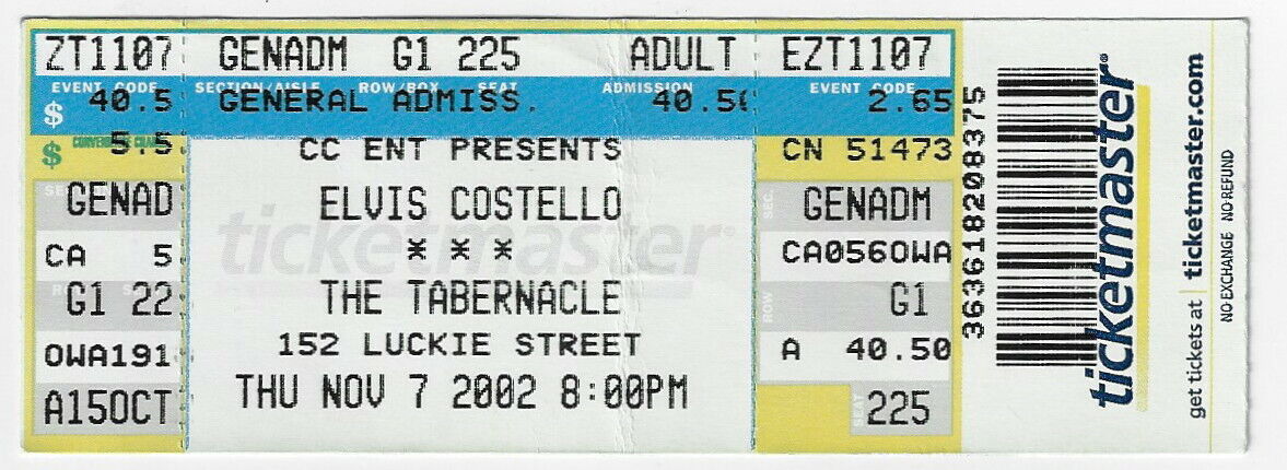 Elvis Costello Concert Ticket / Atlanta The Tabernacle : November 7, 2002 !!