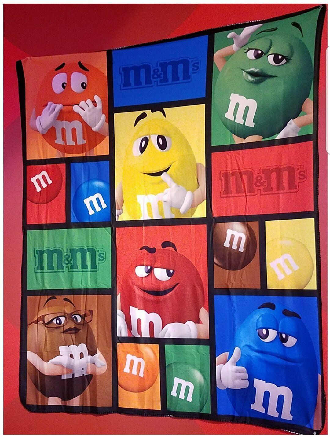 M&m Big Face Characters Blanket Throw W Blue Brown Green Red Orange & Yellow New