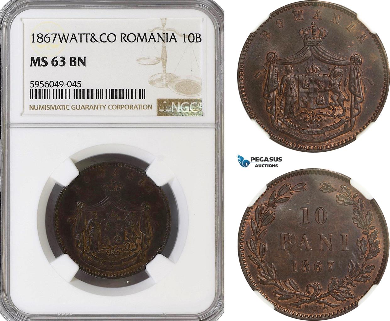 Ag839, Romania, Carol I, 10 Bani 1867 Watt&co, Birmingham, Ngc Ms63bn