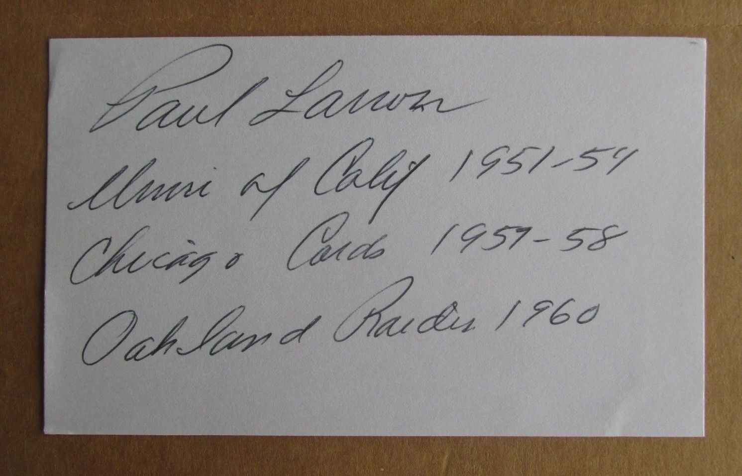 Paul Larson Signed Autograph 3x5 Index Card 1954 Chicago Cardinals 1960 Raiders