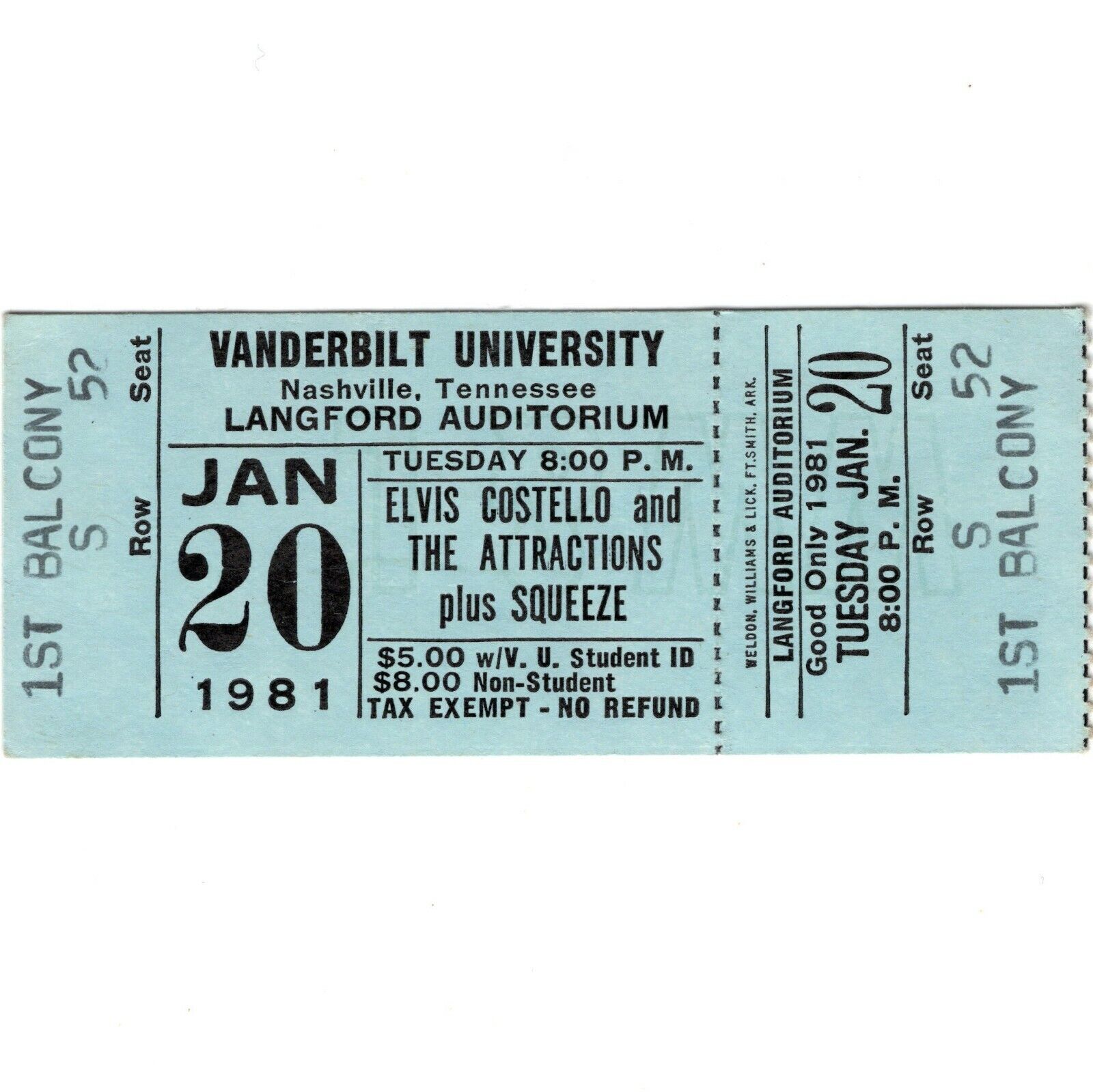 Elvis Costello & Squeeze Concert Ticket Stub Nashville 1/20/81 Trust Tour Rare
