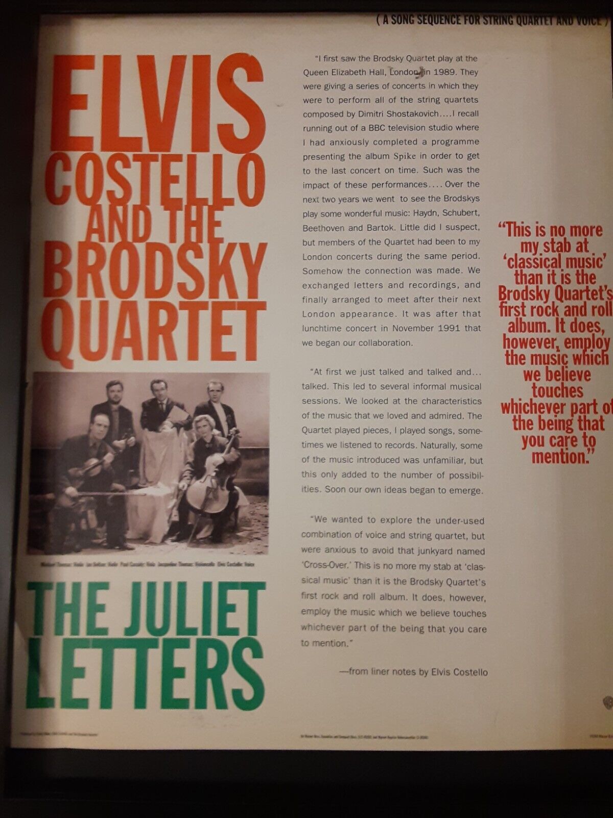 Elvis Costello And The Brodsky Quartet Rare Original Promo Poster Ad Framed!
